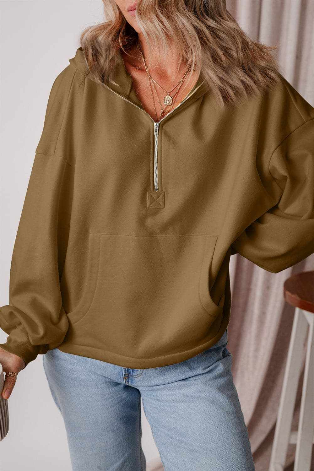 Casual half zip hoodie with pockets - Love Salve